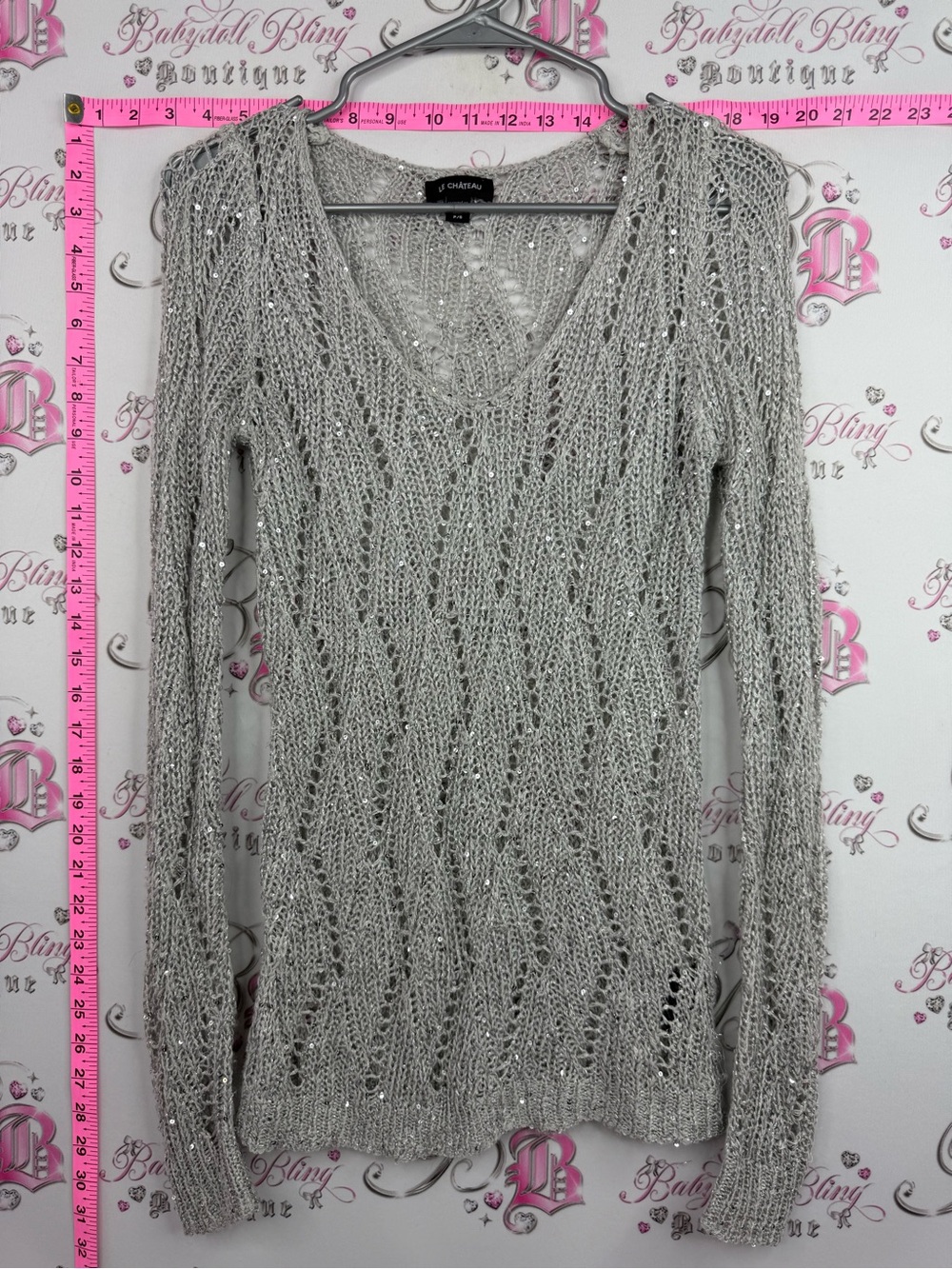 le chateau Silver Open-Knit V-Neck Sweater